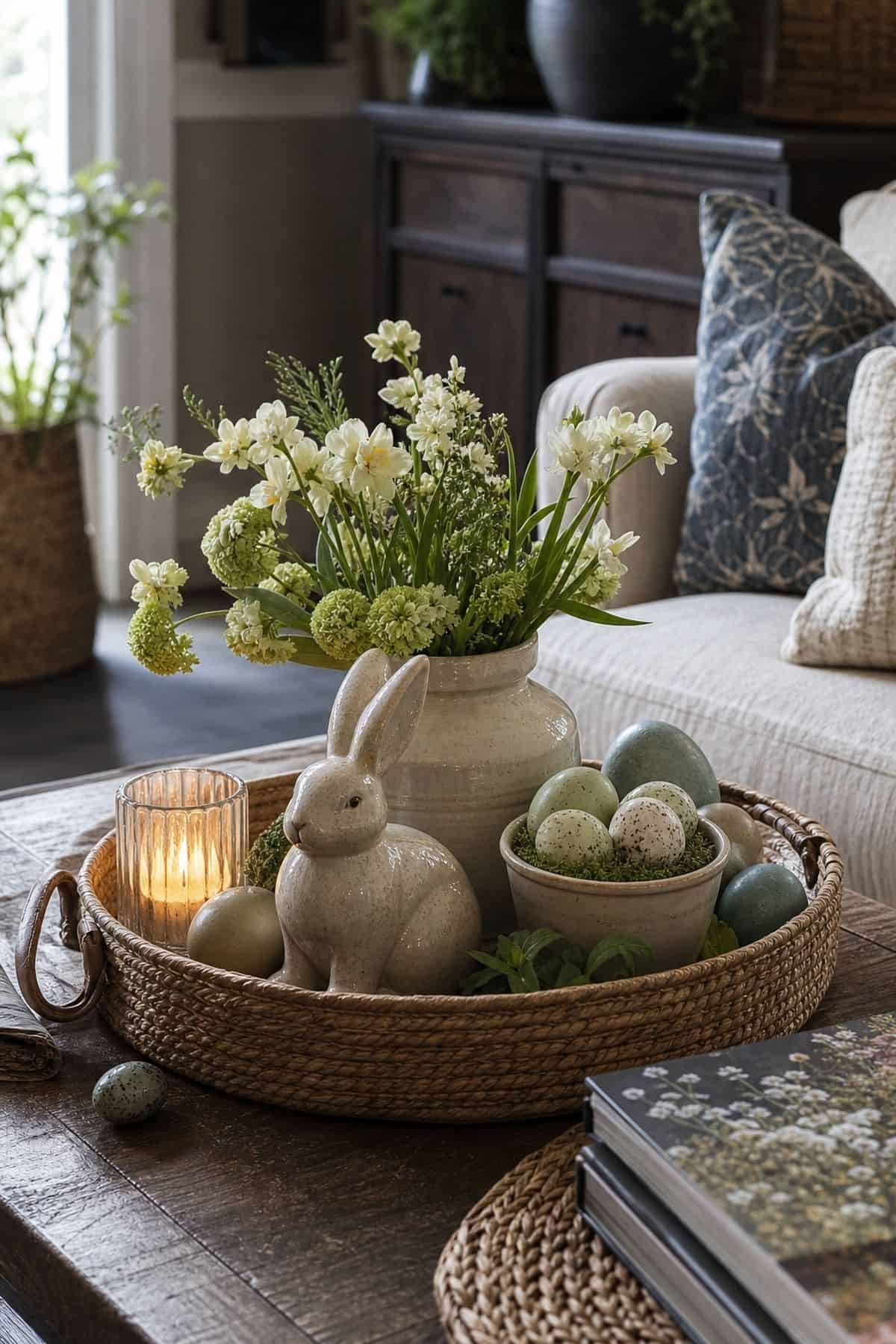 Coffee Table Tray Easter home decor styled in a realistic spring interior.