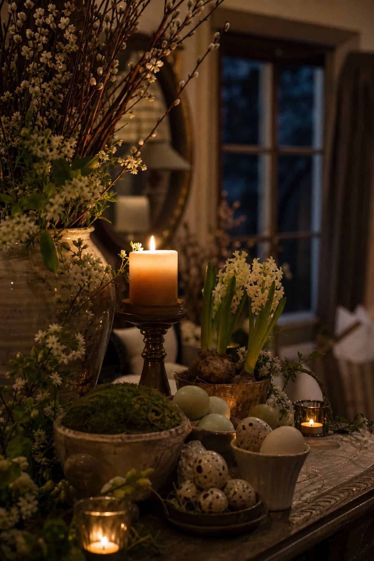 Evening Candle Glow Easter home decor styled in a realistic spring interior.