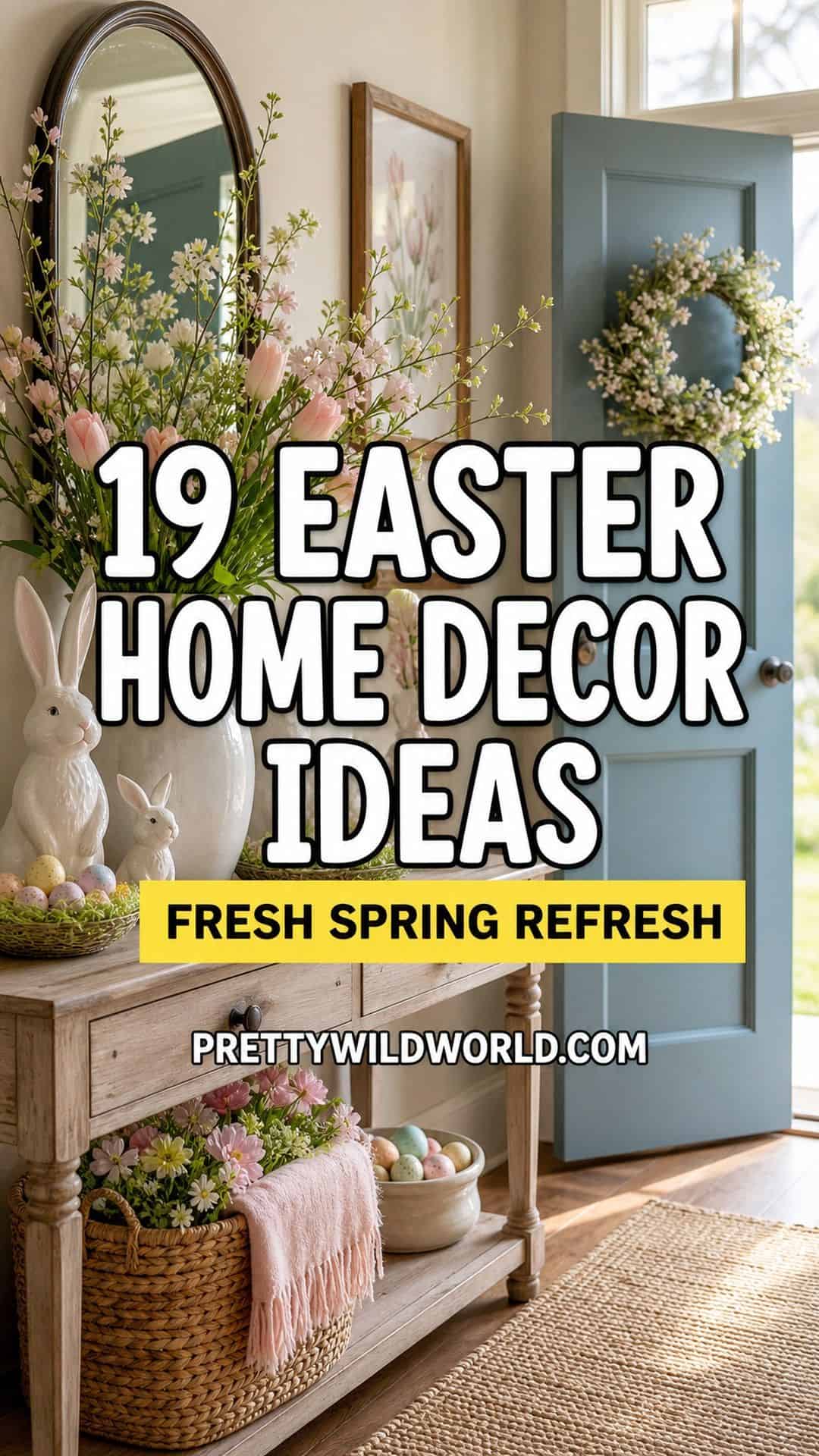 Pinterest pin for Easter home decor ideas with spring entryway styling.