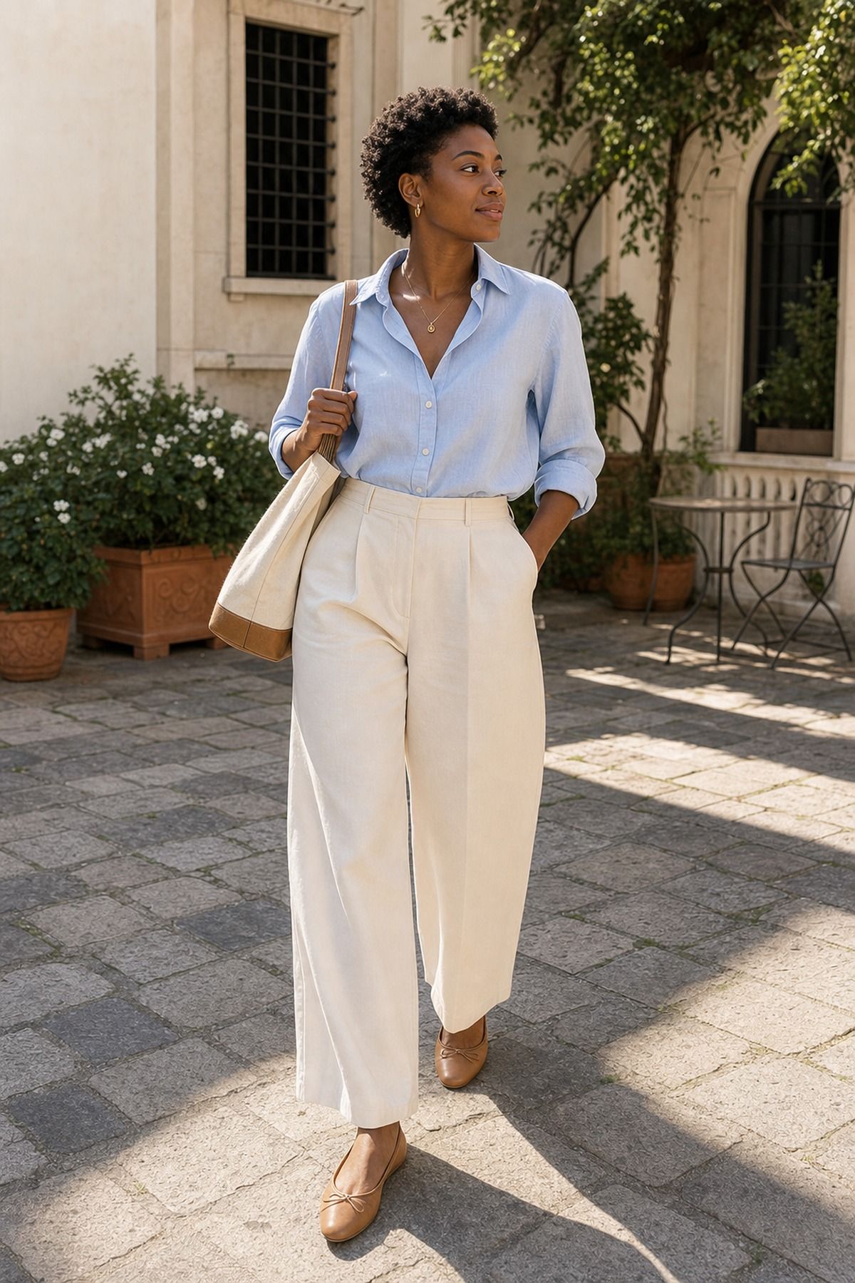 Cotton Shirt with Wide Leg Pants shown as a realistic Pretty Wild World image for 19 Venice Italy Outfit Ideas for Canals, Churches, and Dinner.