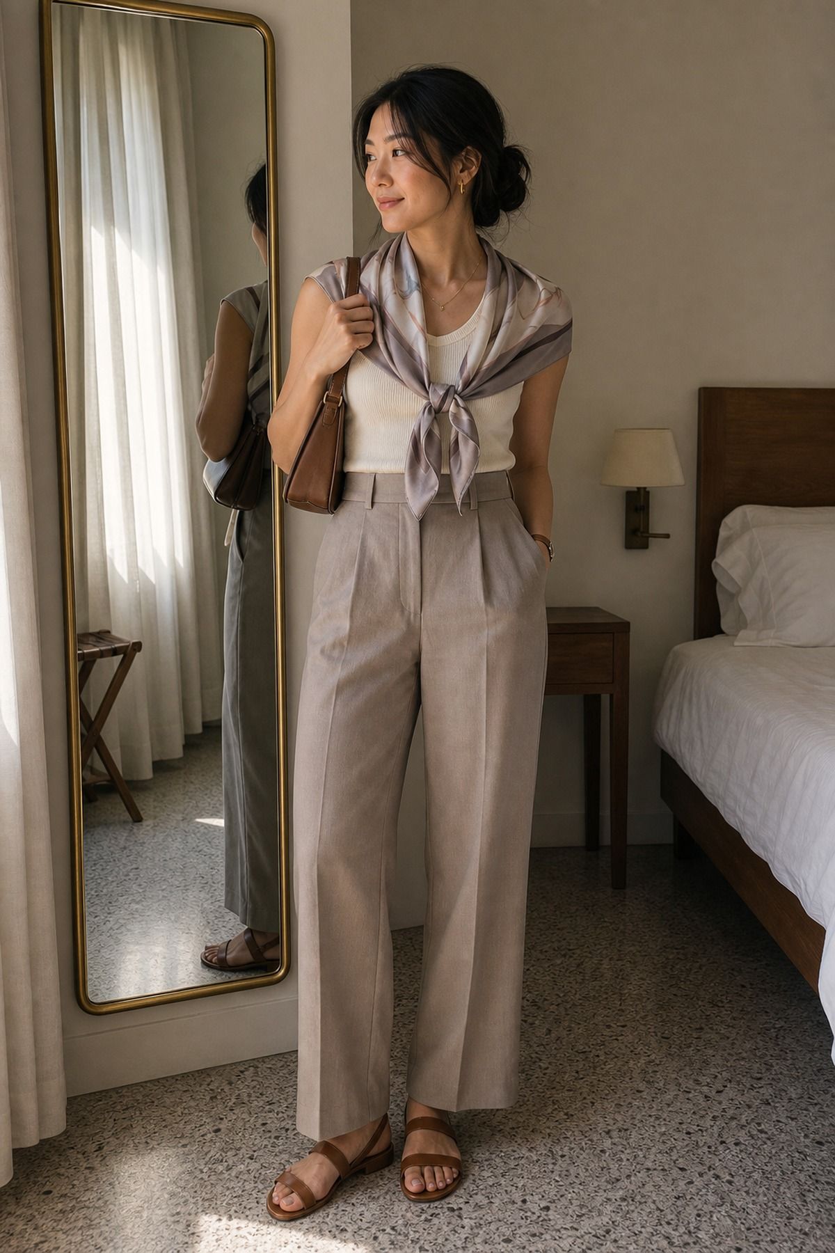 Scarf Styled over a Sleeveless Top shown as a realistic Pretty Wild World image for 19 Venice Italy Outfit Ideas for Canals, Churches, and Dinner.