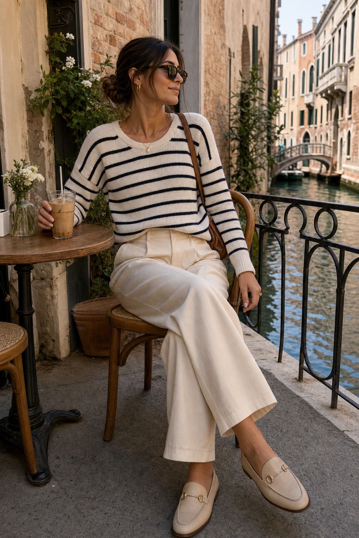 Striped Knit with Cream Trousers shown as a realistic Pretty Wild World image for 19 Venice Italy Outfit Ideas for Canals, Churches, and Dinner.