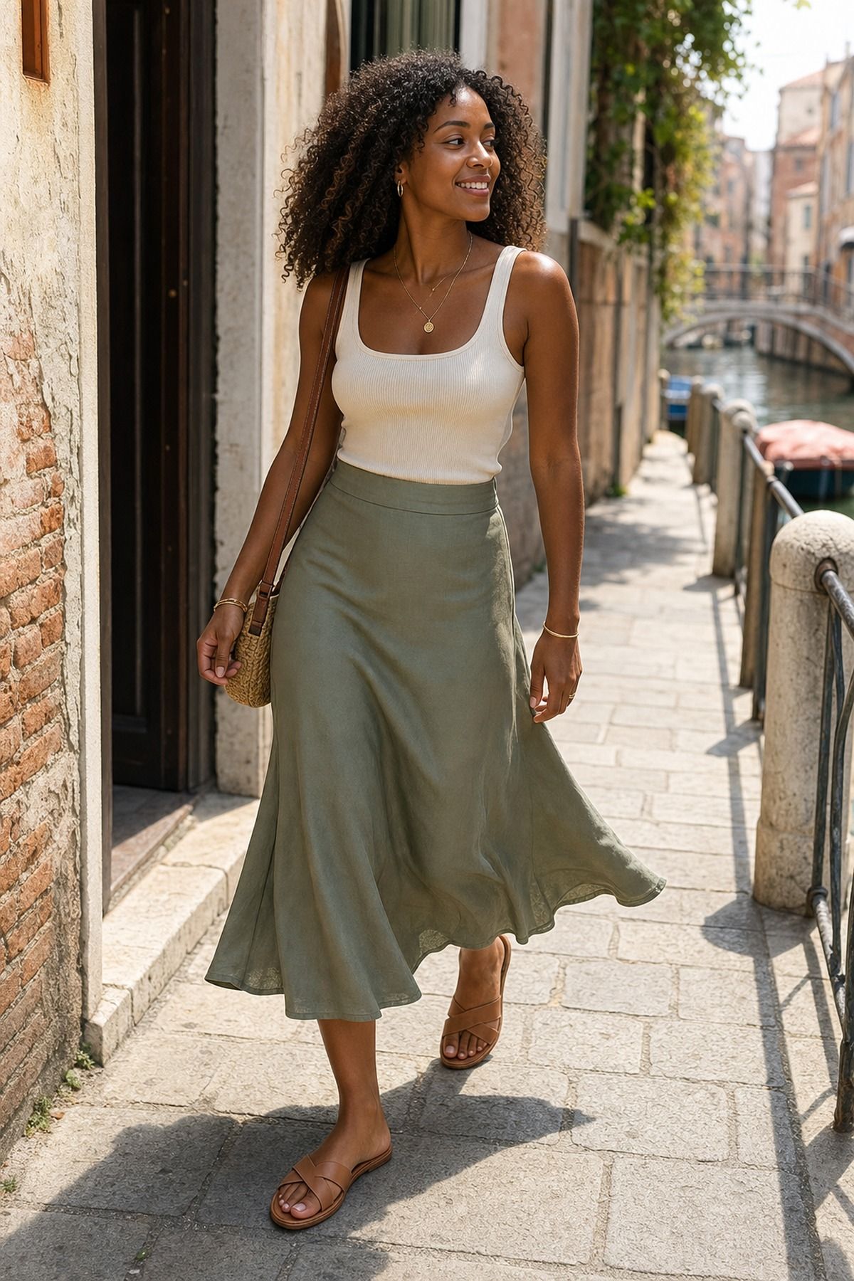 Sage Skirt with a Simple Tank shown as a realistic Pretty Wild World image for 19 Venice Italy Outfit Ideas for Canals, Churches, and Dinner.