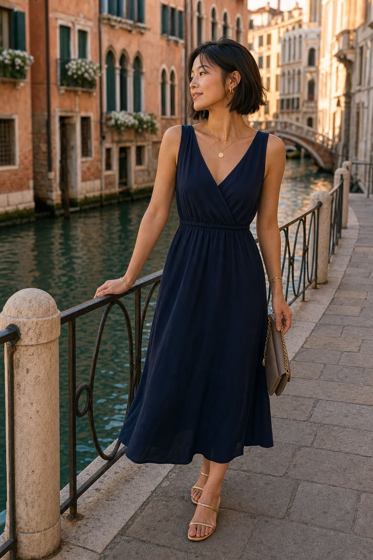 Navy Dress with Gold Jewelry shown as a realistic Pretty Wild World image for 19 Venice Italy Outfit Ideas for Canals, Churches, and Dinner.
