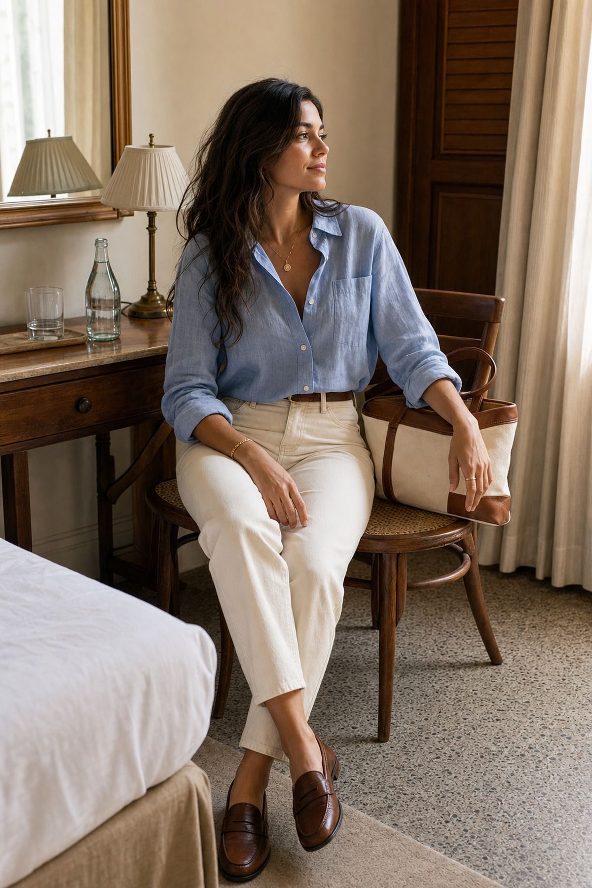 Ecru Jeans with a Blue Button Down shown as a realistic Pretty Wild World image for 19 Venice Italy Outfit Ideas for Canals, Churches, and Dinner.