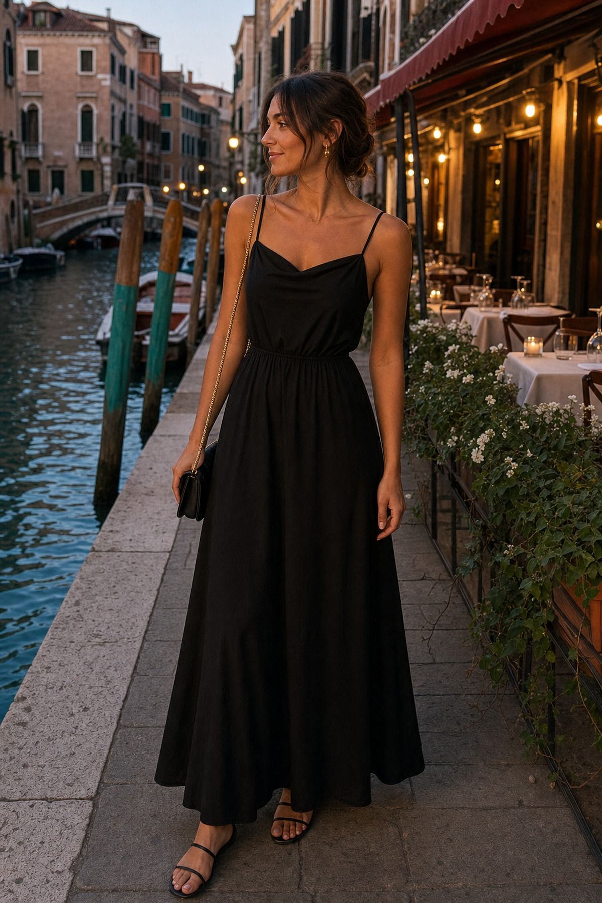 Canal Dinner Black Maxi Dress shown as a realistic Pretty Wild World image for 19 Venice Italy Outfit Ideas for Canals, Churches, and Dinner.