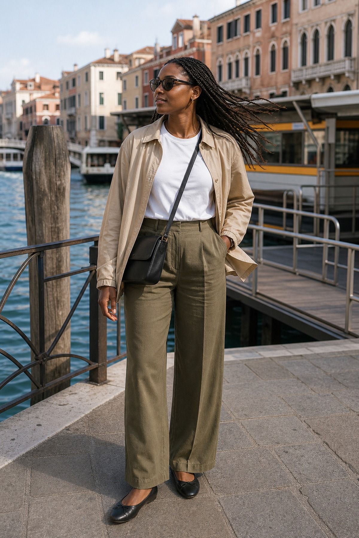 Vaporetto Day Practical Layers shown as a realistic Pretty Wild World image for 19 Venice Italy Outfit Ideas for Canals, Churches, and Dinner.