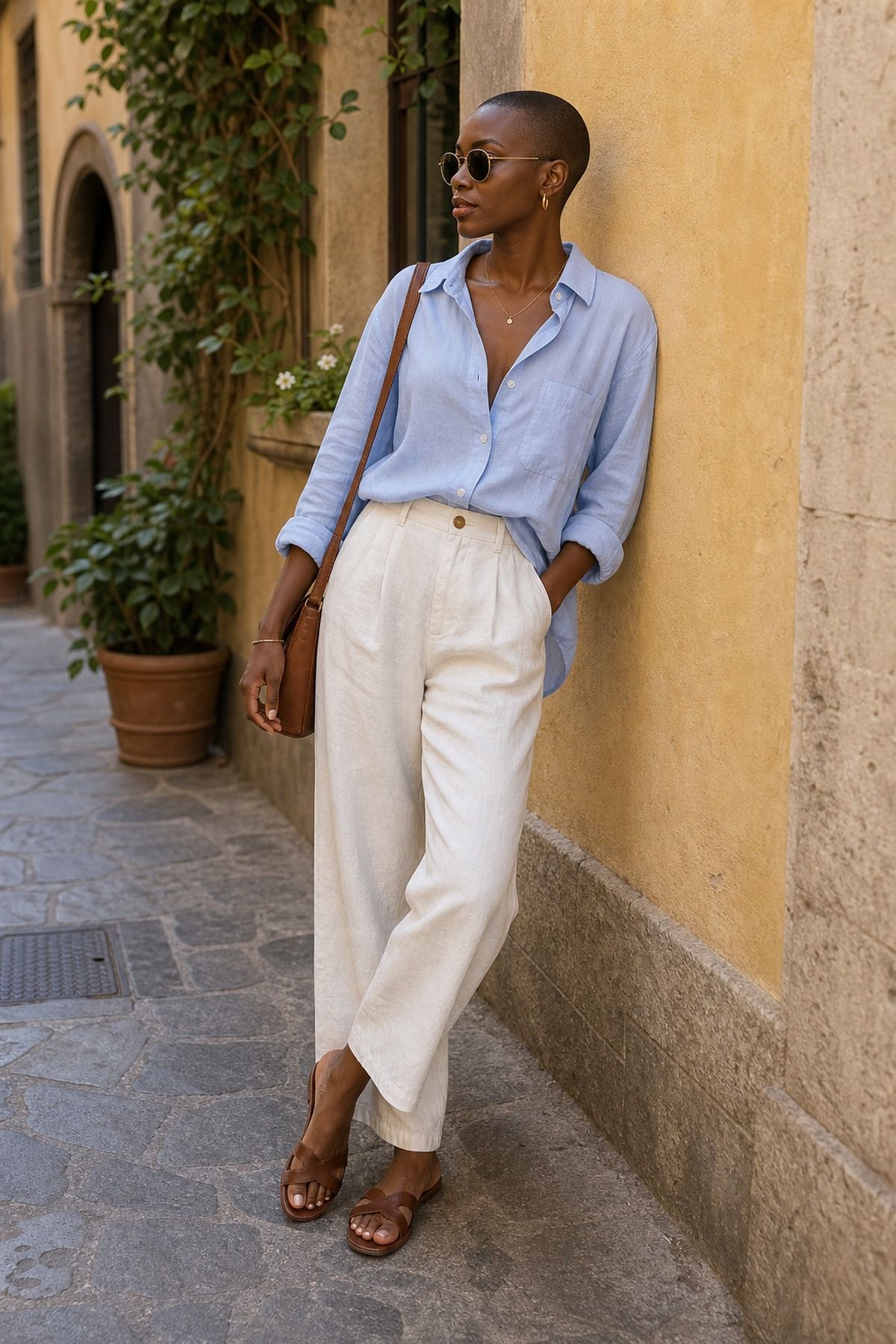Blue Shirt with Linen Trousers shown as a realistic Pretty Wild World image for 21 Italy Summer Outfits for Women That Handle Heat, Walking, and Dinner.