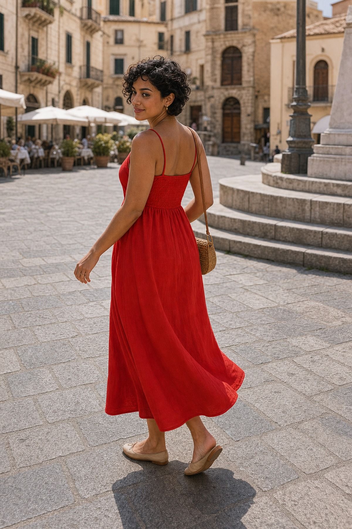 Tomato Red Dress with Simple Flats shown as a realistic Pretty Wild World image for 21 Italy Summer Outfits for Women That Handle Heat, Walking, and Dinner.
