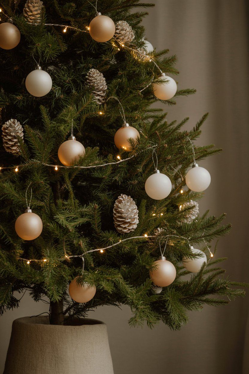 Neutral-toned Christmas tree with pinecones and fairy lights; after Christmas winter decor.