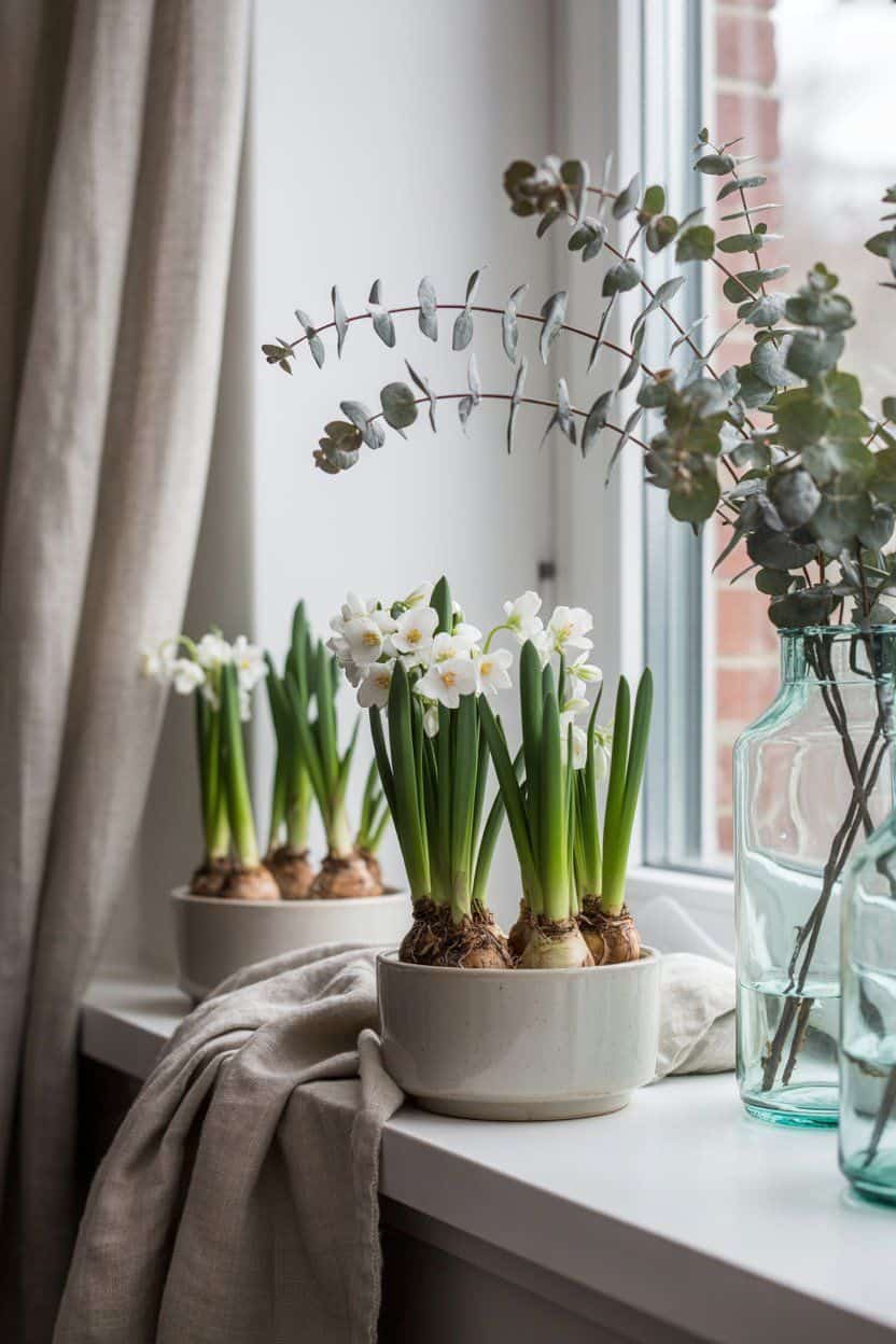 White paperwhite flowers and eucalyptus in ceramic pots on a windowsill. After Christmas winter decor.