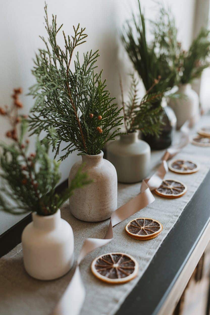 Simple after Christmas winter decor: greenery in small vases and dried oranges on a table runner.