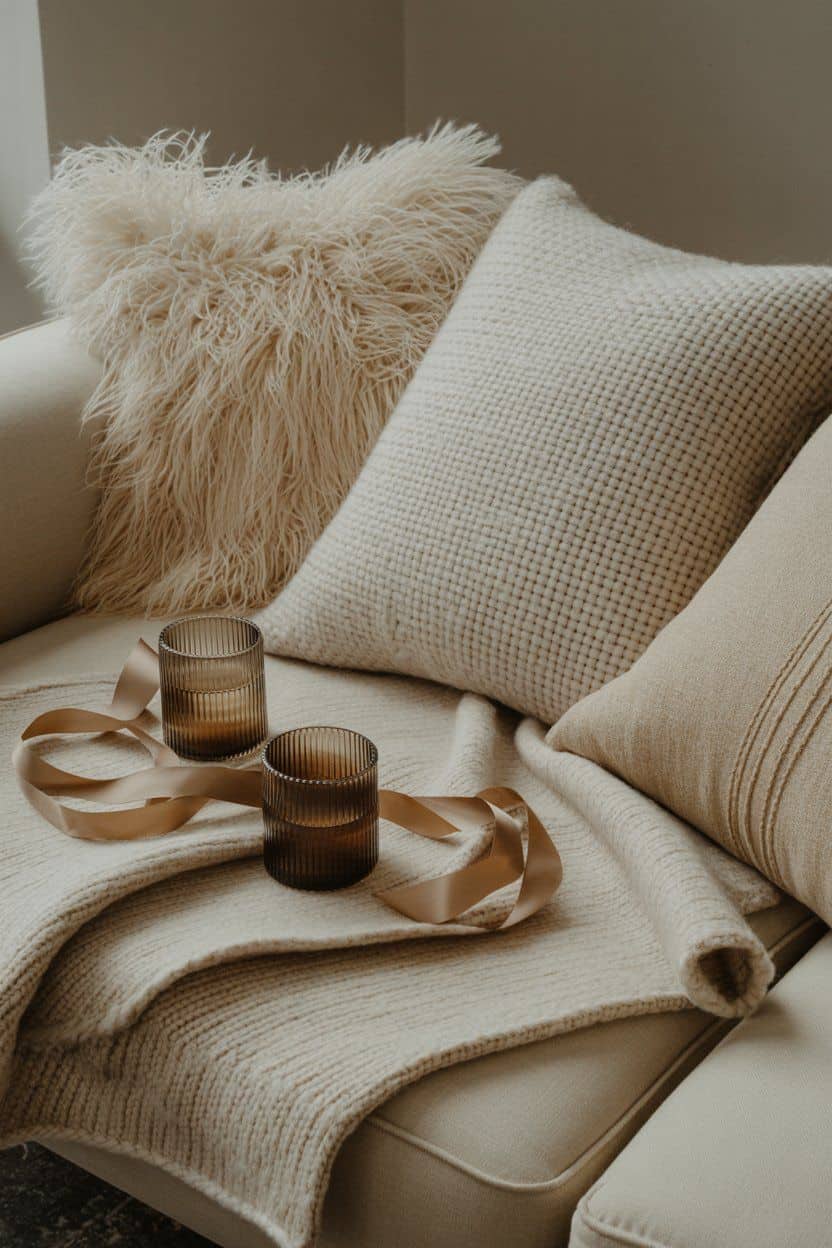 Cozy living room with beige throw, pillows, and candles; after Christmas winter decor.