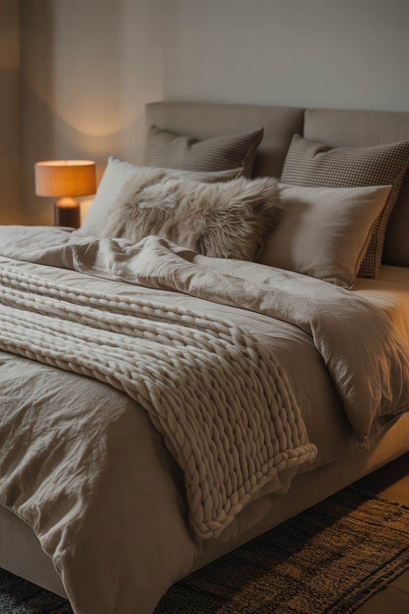 Cozy bedroom with beige bedding, textured throw, and soft pillows; after Christmas winter decor.