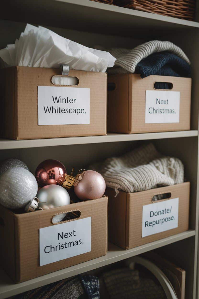 Organized shelves with boxes labeled "Winter Whitescape," "Next Christmas," and "Donate/Repurpose," containing after-Christmas winter decor items.