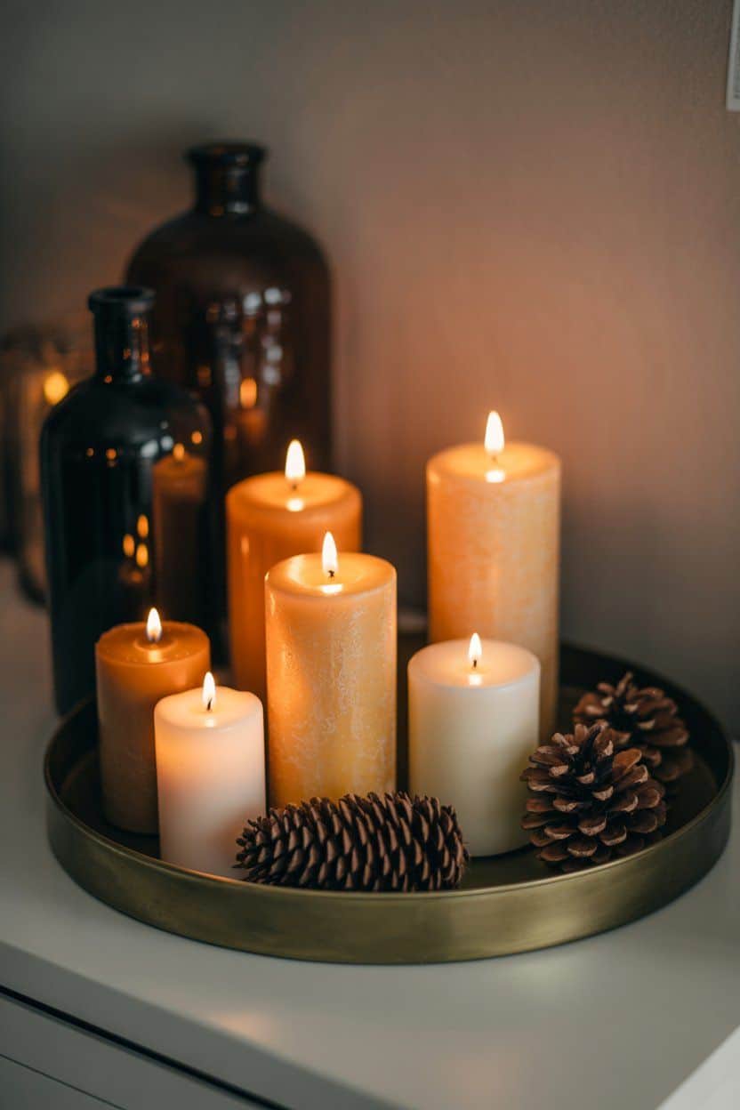 Calm winter decor: burning candles and pine cones on a tray.