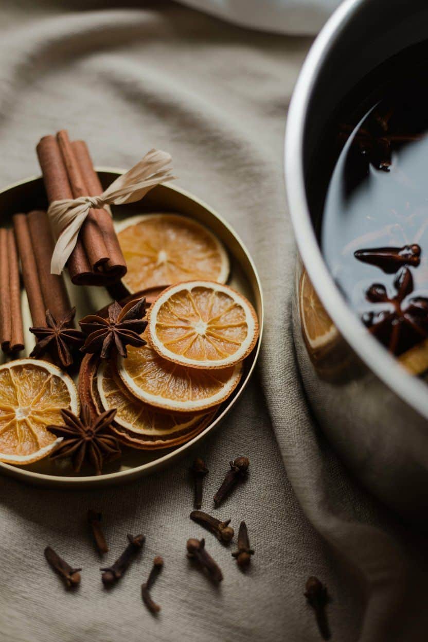 Dried oranges, cinnamon sticks, star anise, and cloves arranged on a tray; after Christmas winter decor.