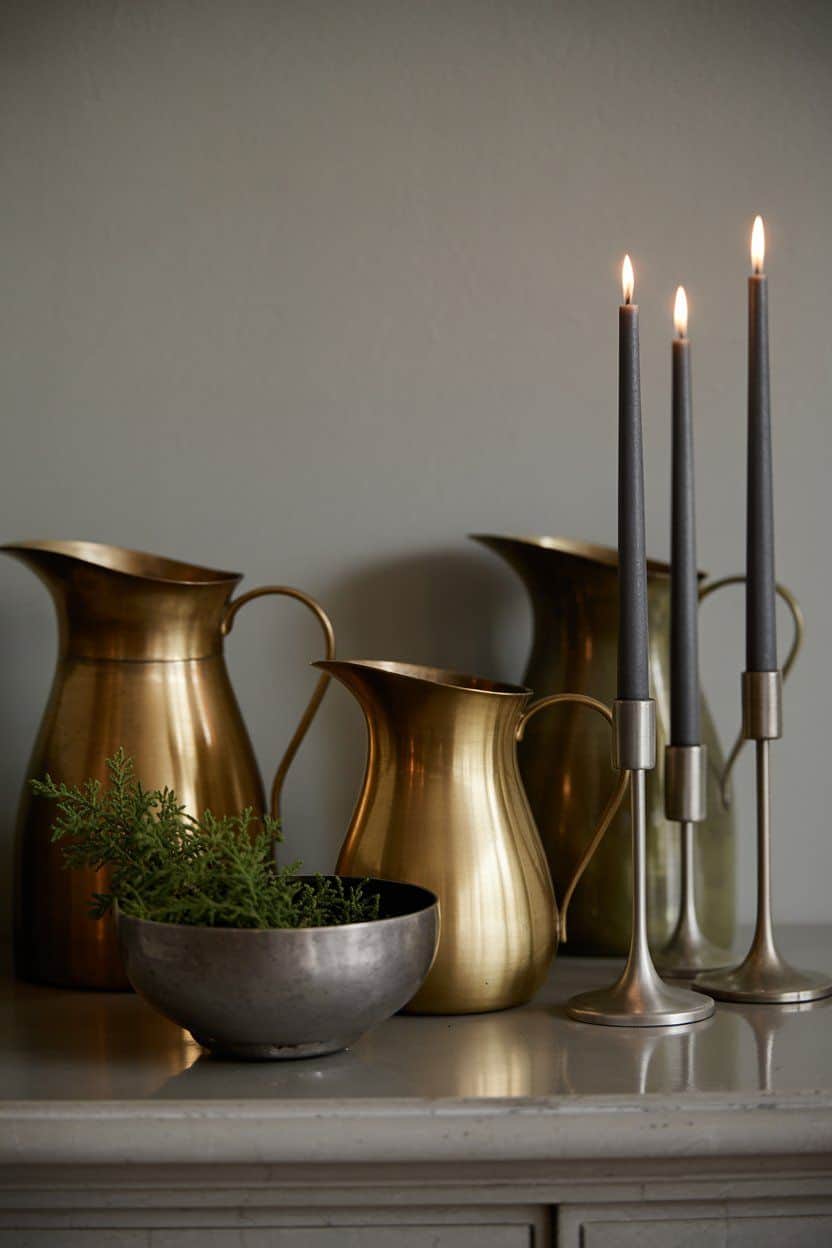 Brass pitchers, candles, and a bowl with greenery; calm after Christmas winter decor.