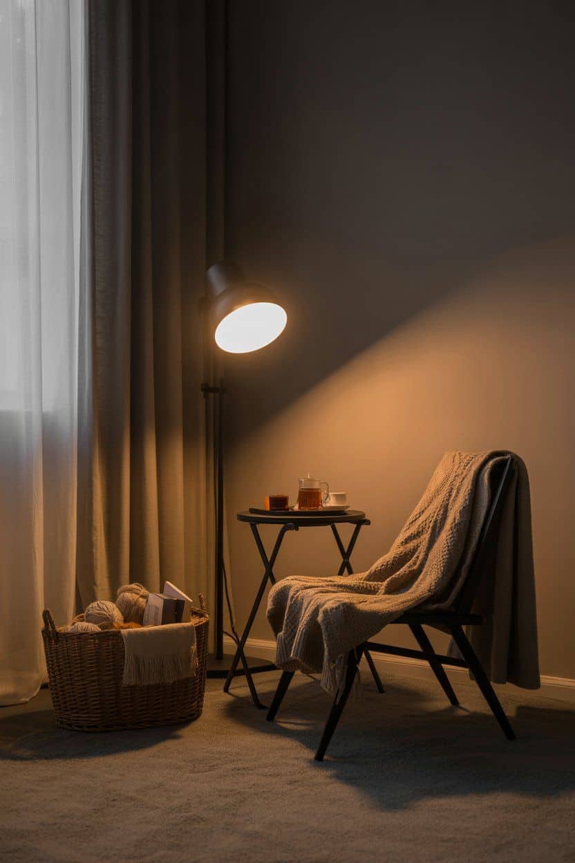 Cozy after-Christmas living room corner with a chair, side table, warm lighting, and yarn basket. Winter decor.