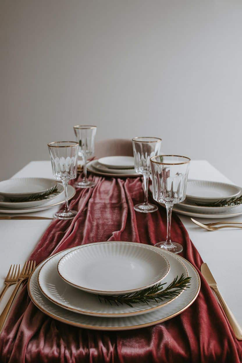 Elegant Christmas dinner party table setting with gold rimmed glassware, white plates, and a burgundy velvet runner.