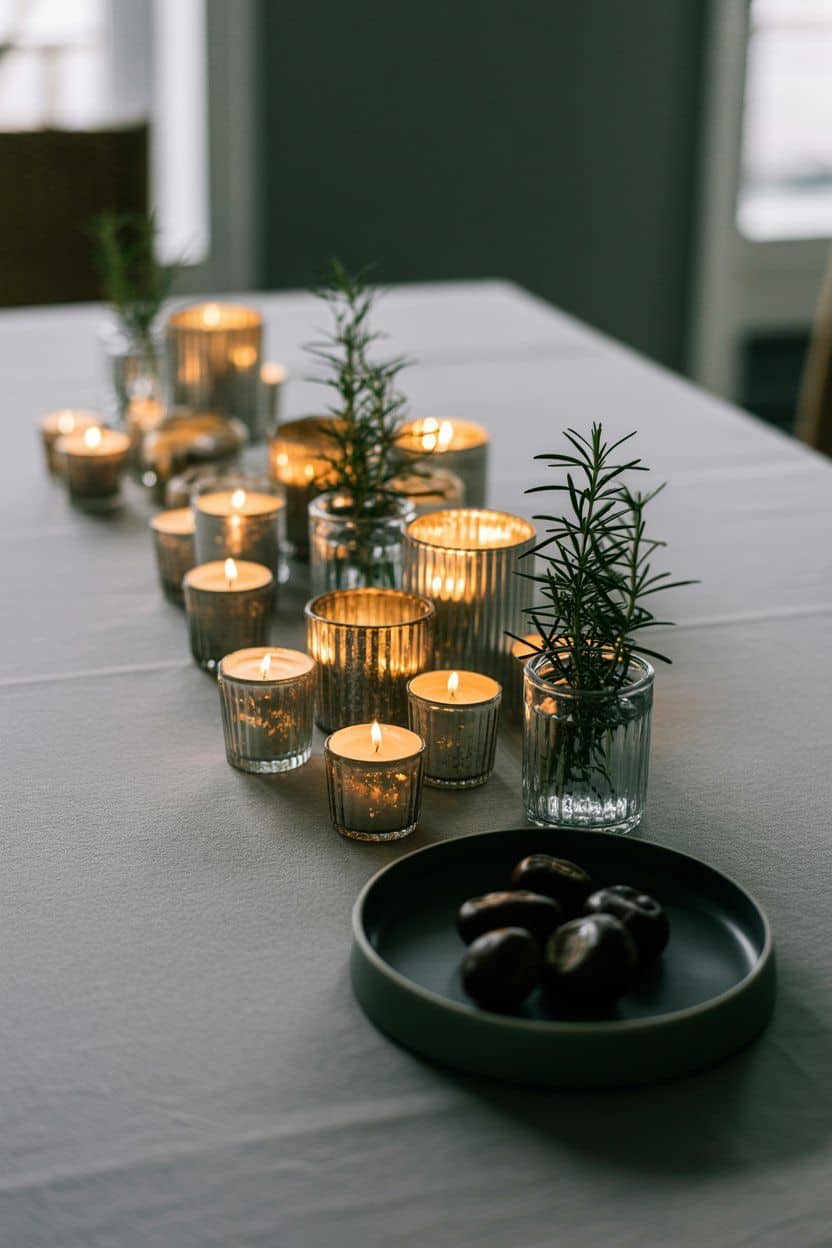 Elegant Christmas dinner party table decor with flickering candles and rosemary sprigs.