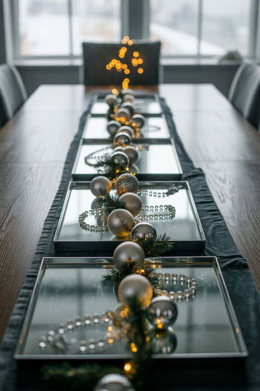 Elegant Christmas dinner party table decor: silver ornaments, pearl garlands, and fairy lights on mirrored place settings.