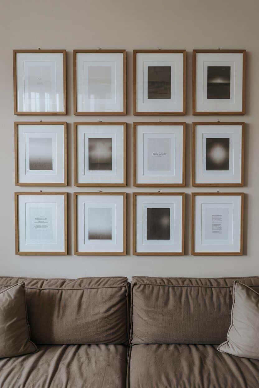 Gallery wall decor ideas above a brown couch with framed art. Some frames contain text.