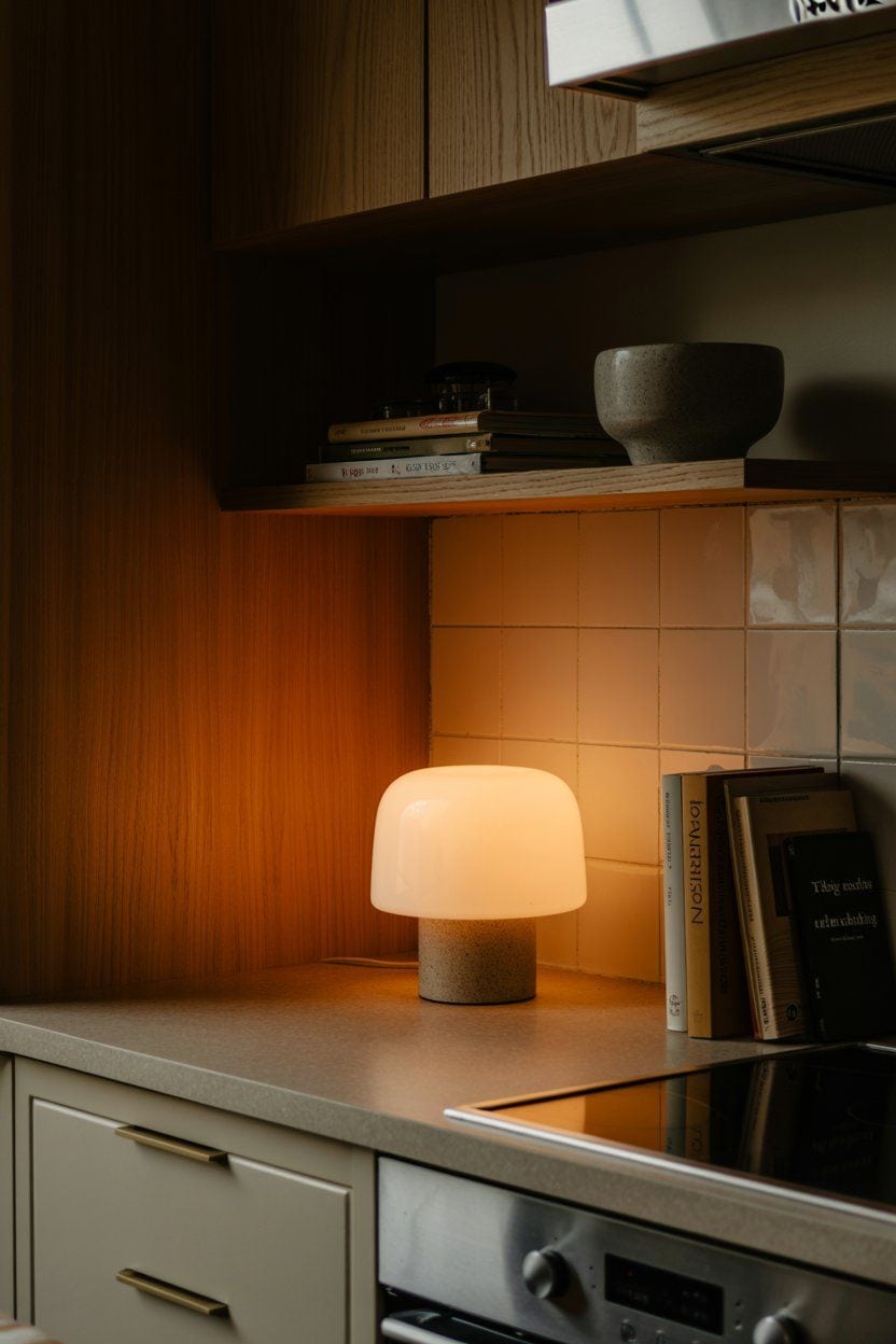 Modern kitchen counter with a stylish mushroom lamp, providing warm light. Great kitchen lamp on counter idea.