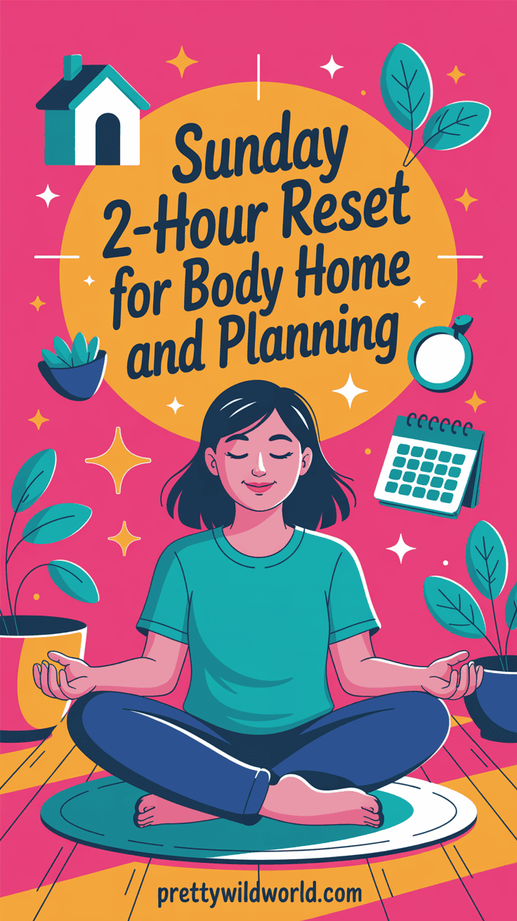 Woman meditating for a Sunday reset. Includes the text "Sunday 2-Hour Reset for Body Home and Planning.