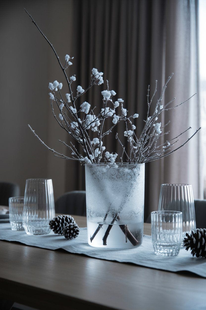 Winter table centerpiece: frosted branches in glass vase, pine cones, glassware. Winter table decor.