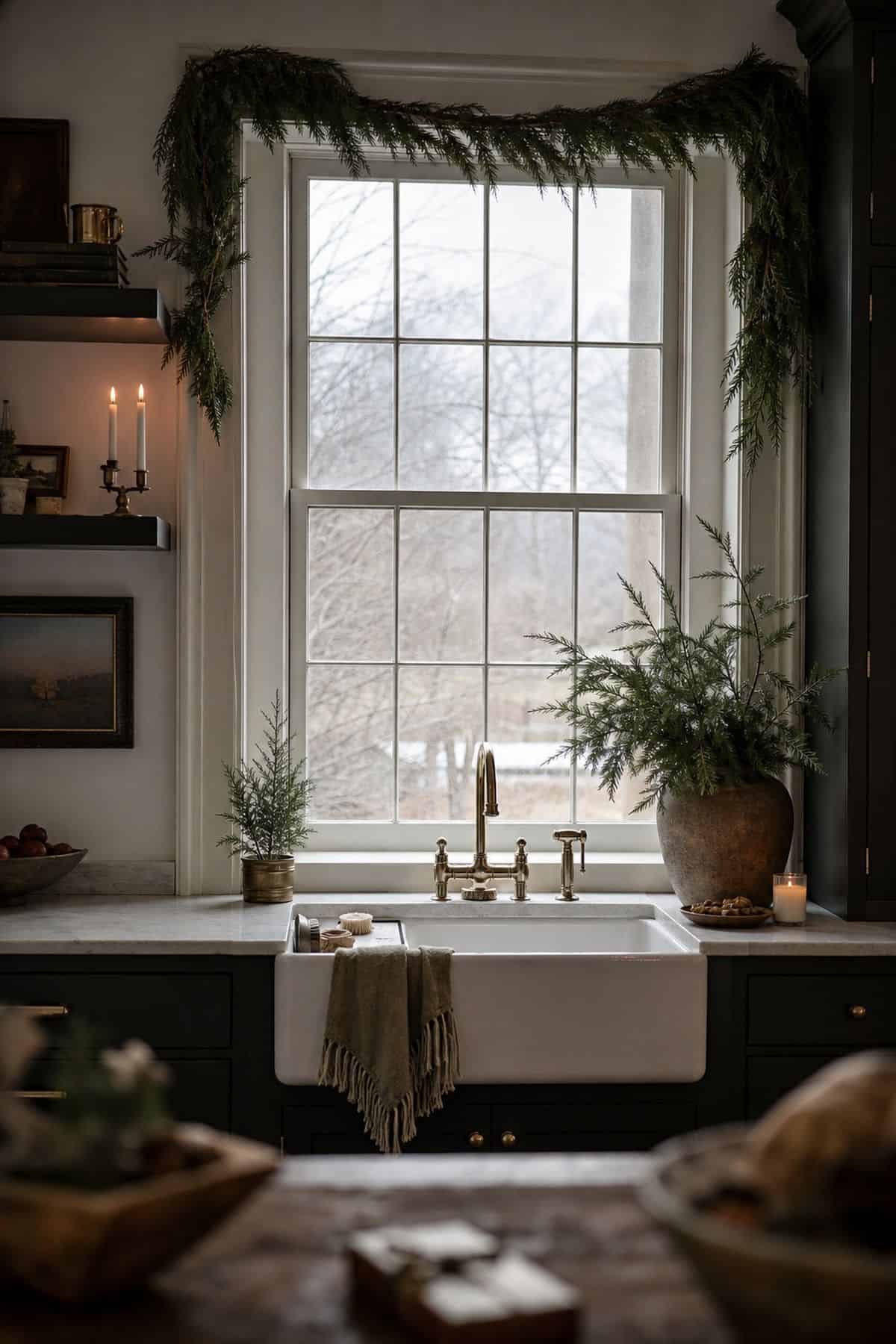 window greenery moment styled in a realistic Christmas kitchen