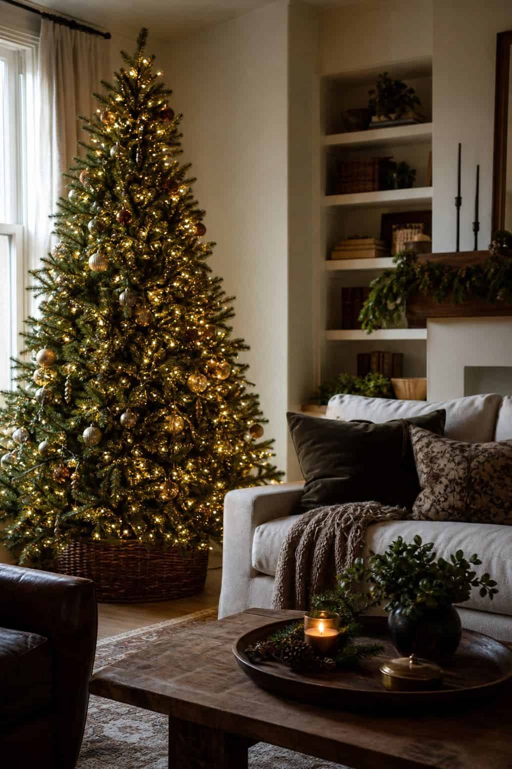 Christmas living room decor showing tree as the main glow.