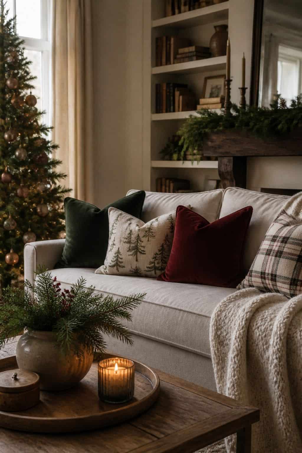 Christmas living room decor showing sofa pillow swap.