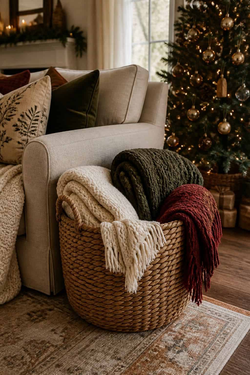 Christmas living room decor showing cozy throw basket.