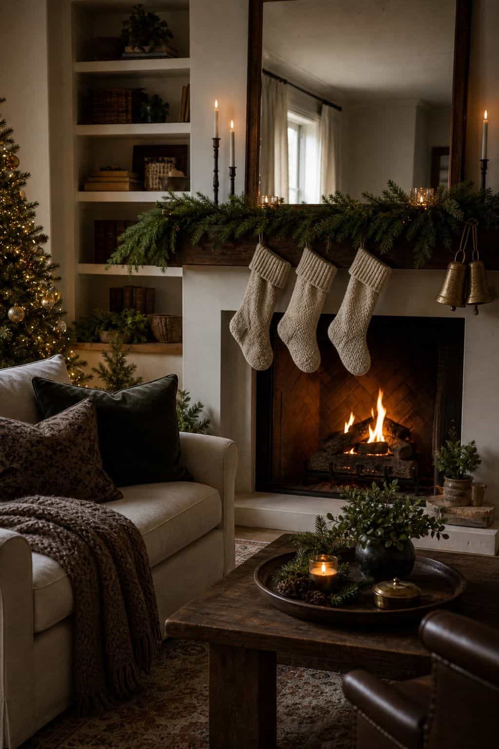 Christmas living room decor showing cedar garland on the mantel.