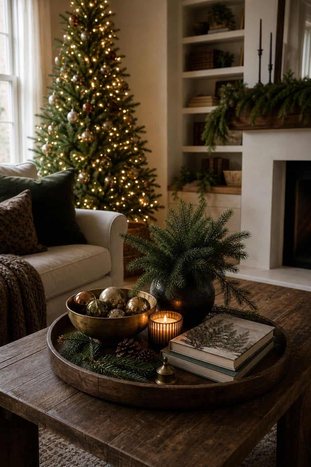 Christmas living room decor showing coffee table tray.