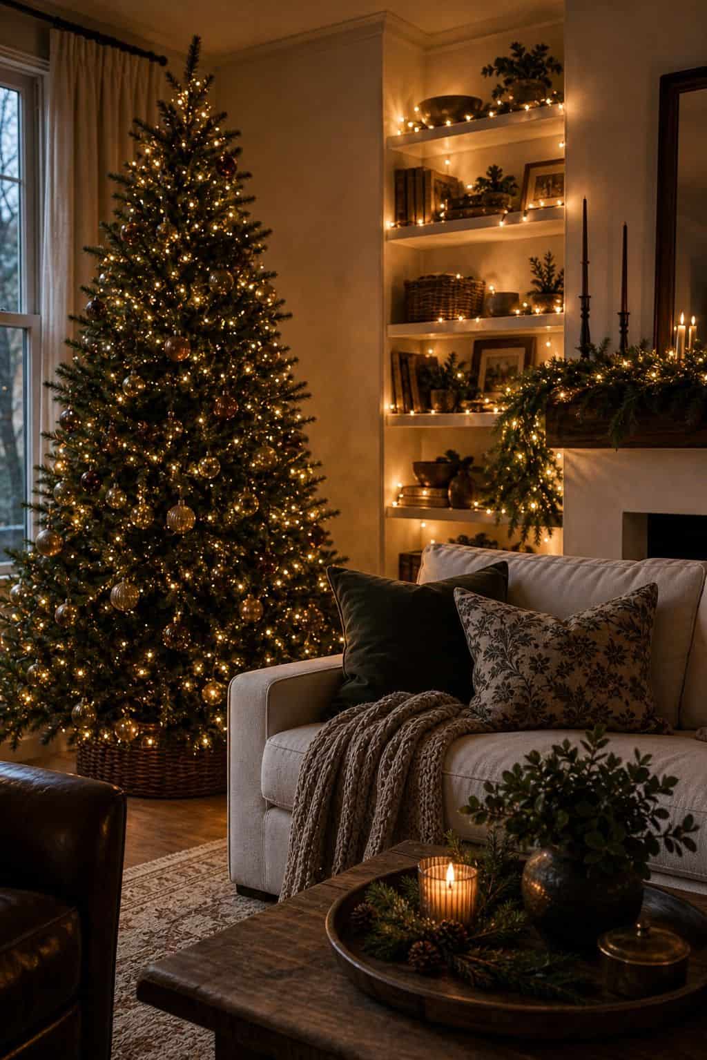 Christmas living room decor showing warm fairy lights.