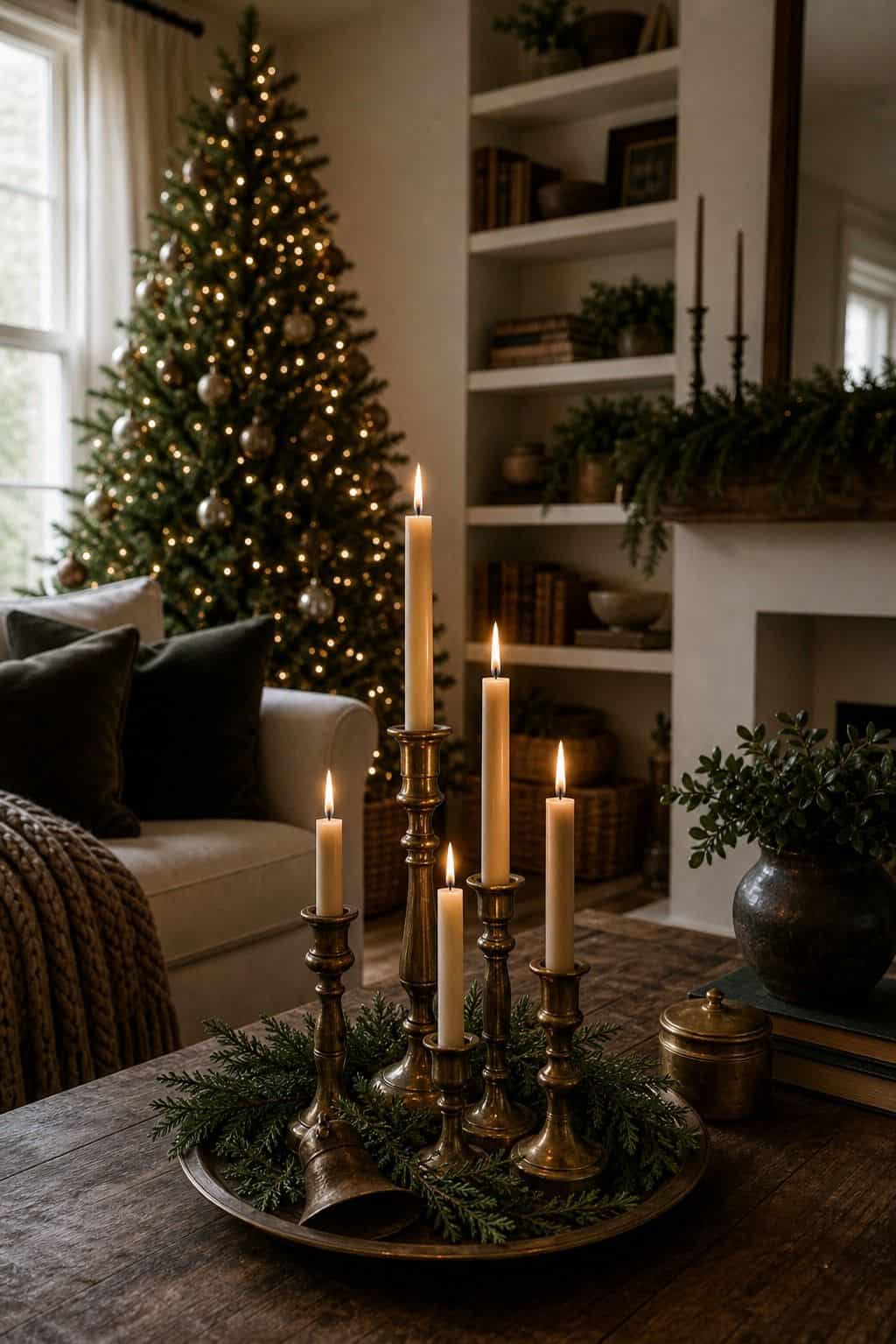 Christmas living room decor showing brass candle group.