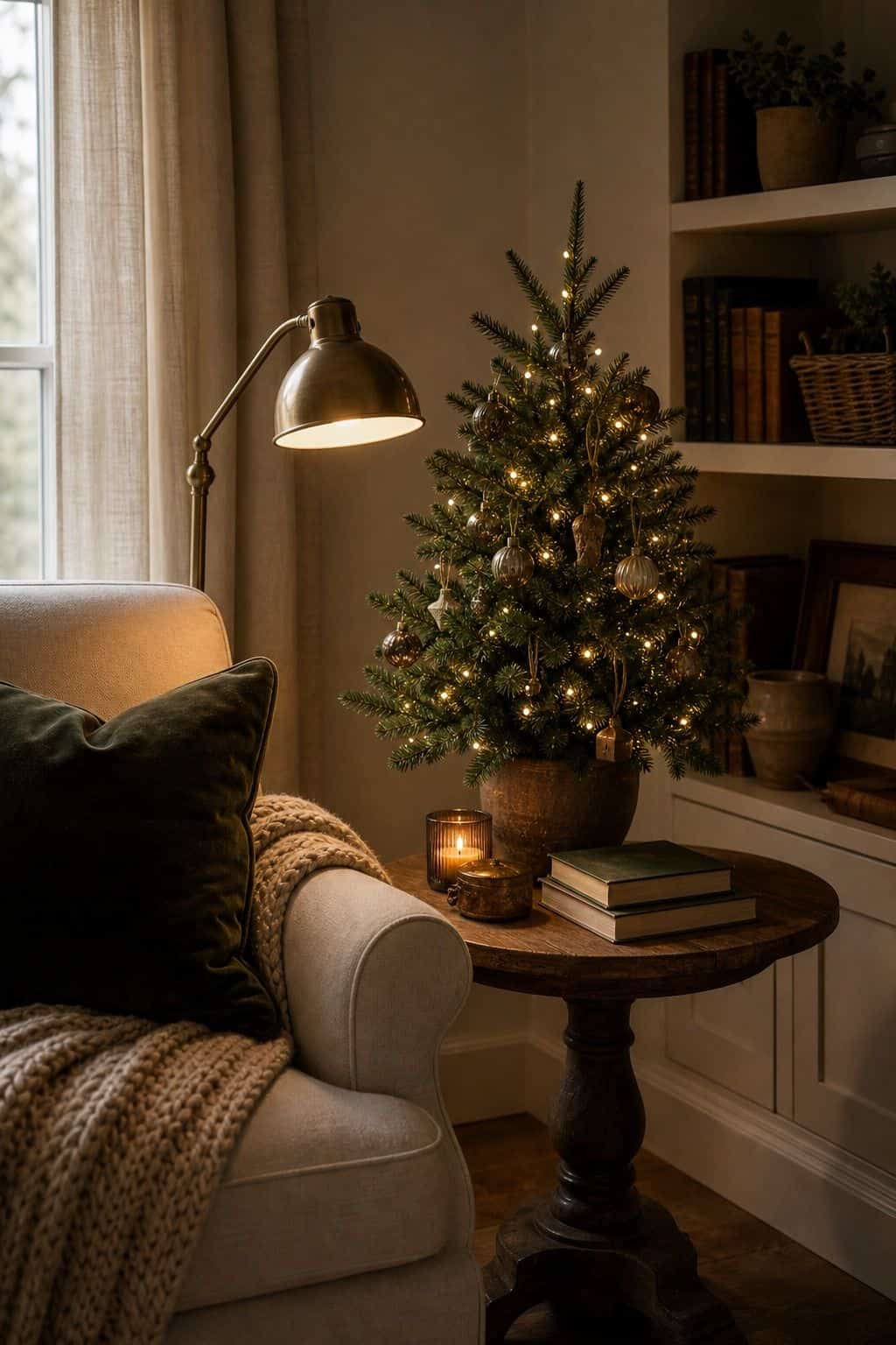 Christmas living room decor showing mini tree on a side table.