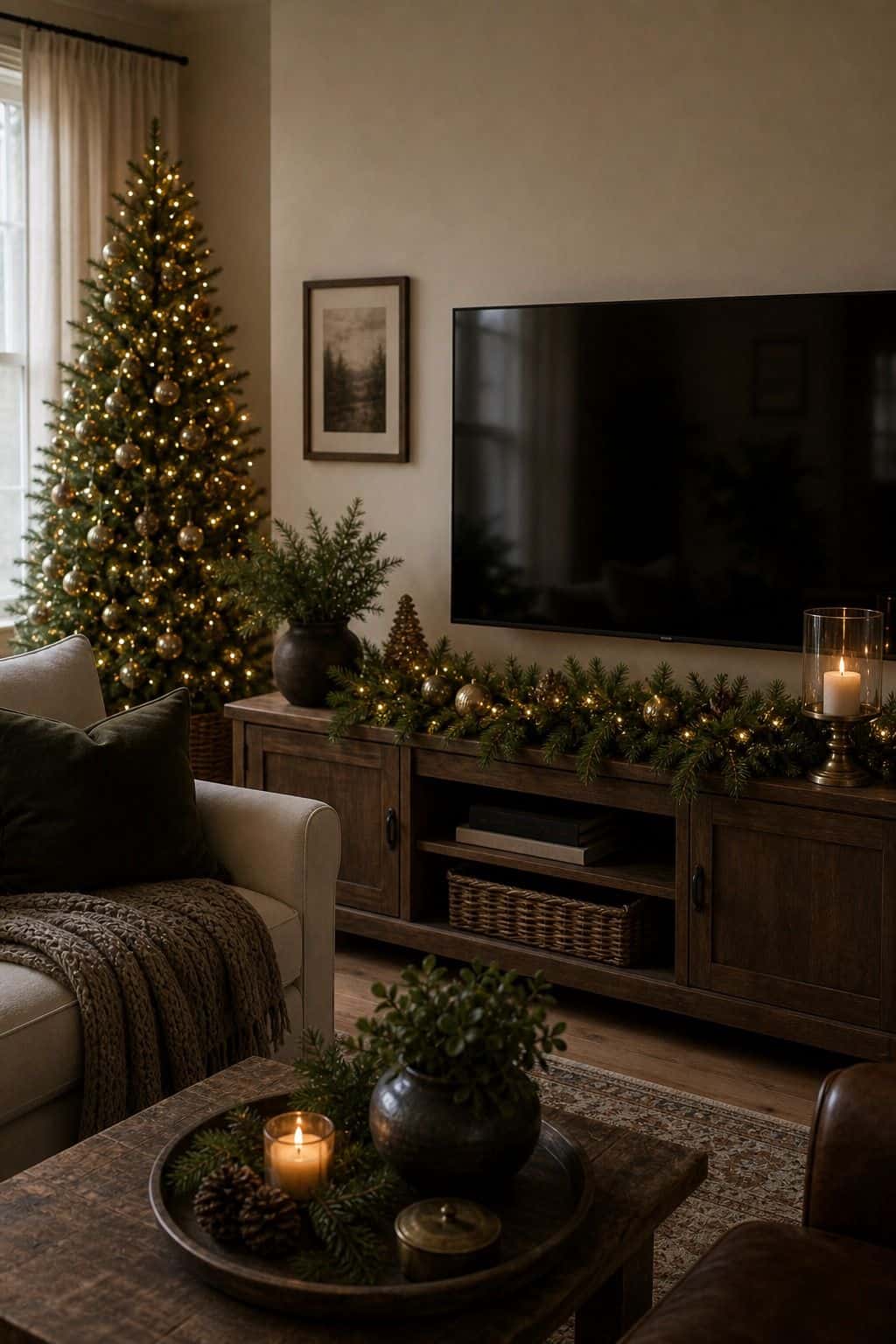 Christmas living room decor showing tv console greenery.