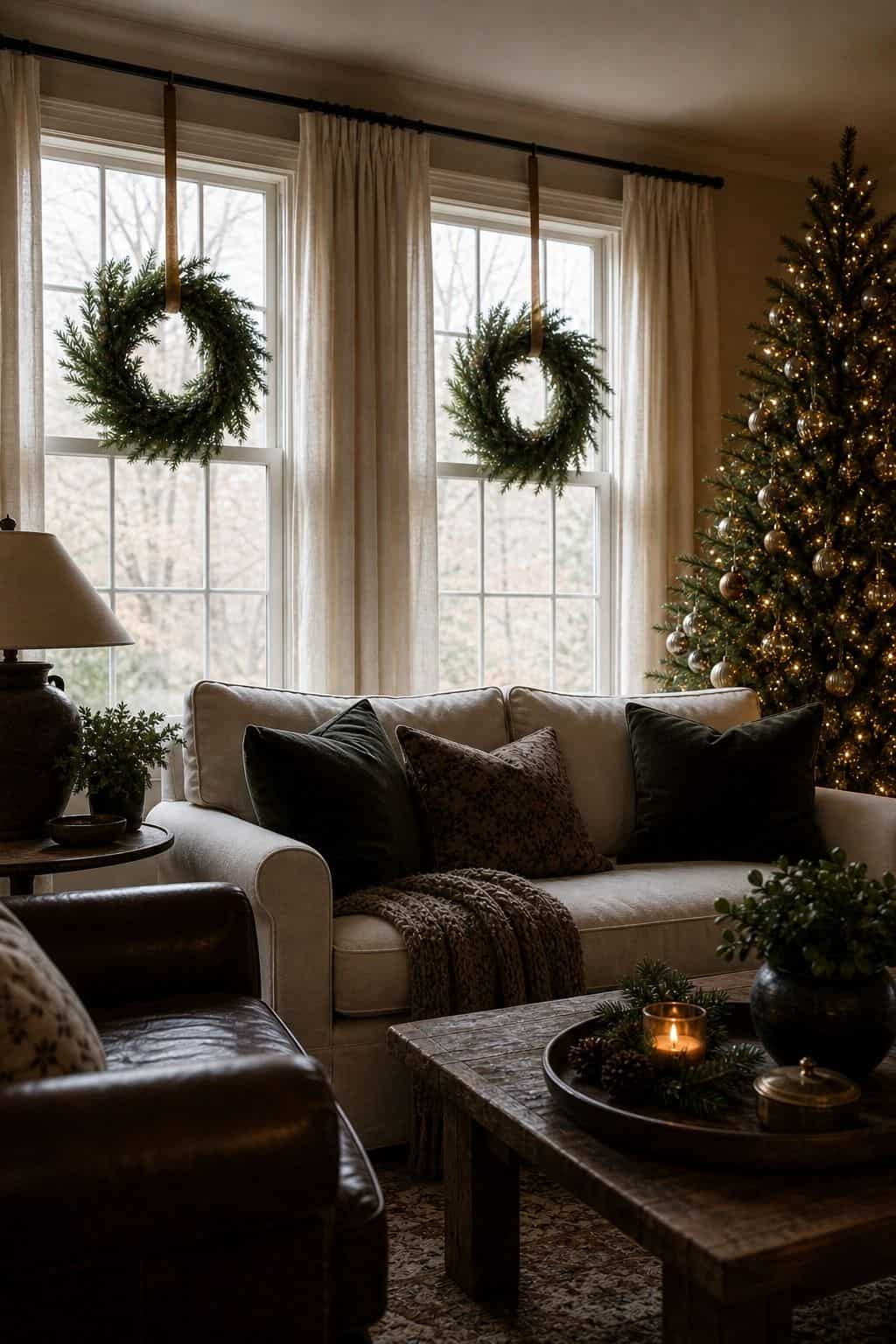 Christmas living room decor showing window wreaths inside.