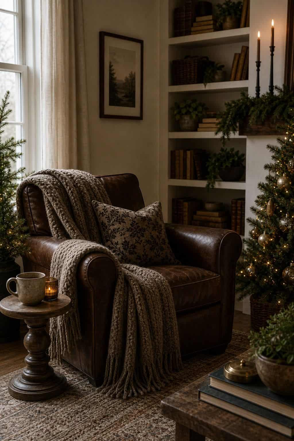 Christmas living room decor showing reading chair layer.