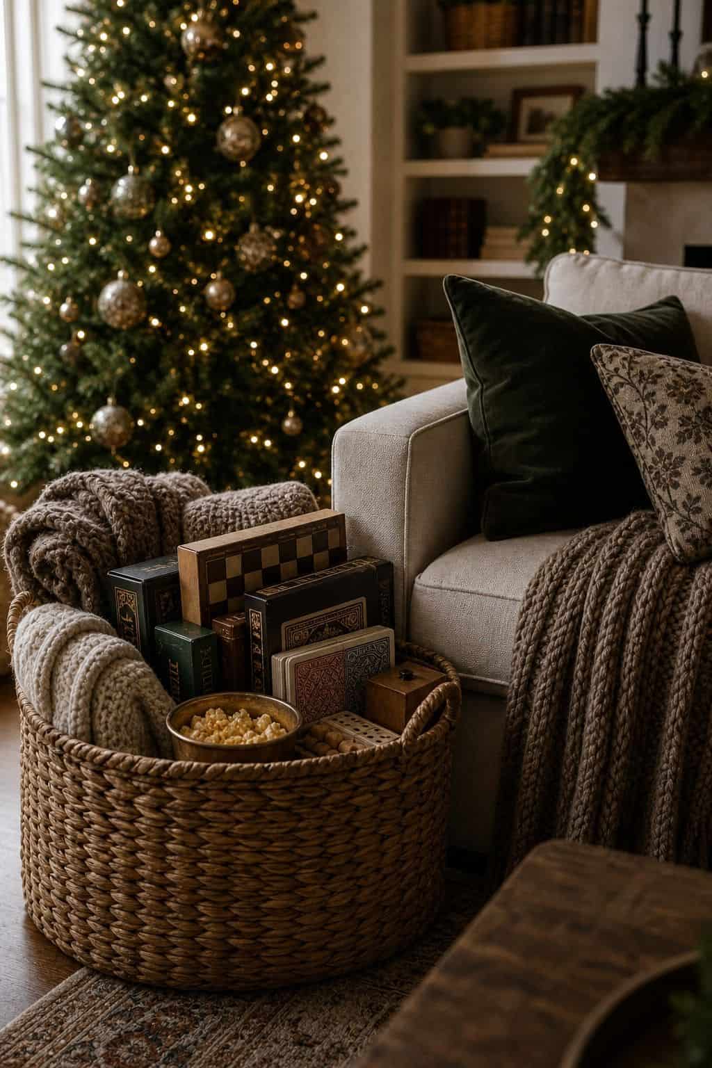 Christmas living room decor showing game night basket.