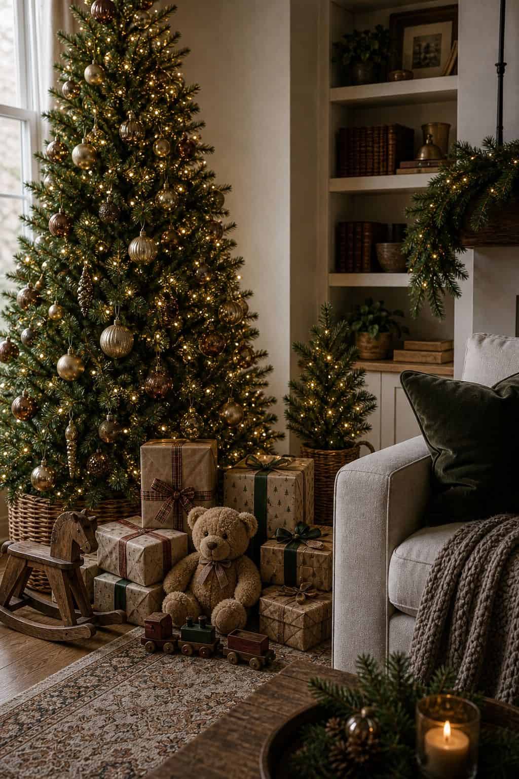 Christmas living room decor showing kids gift corner.