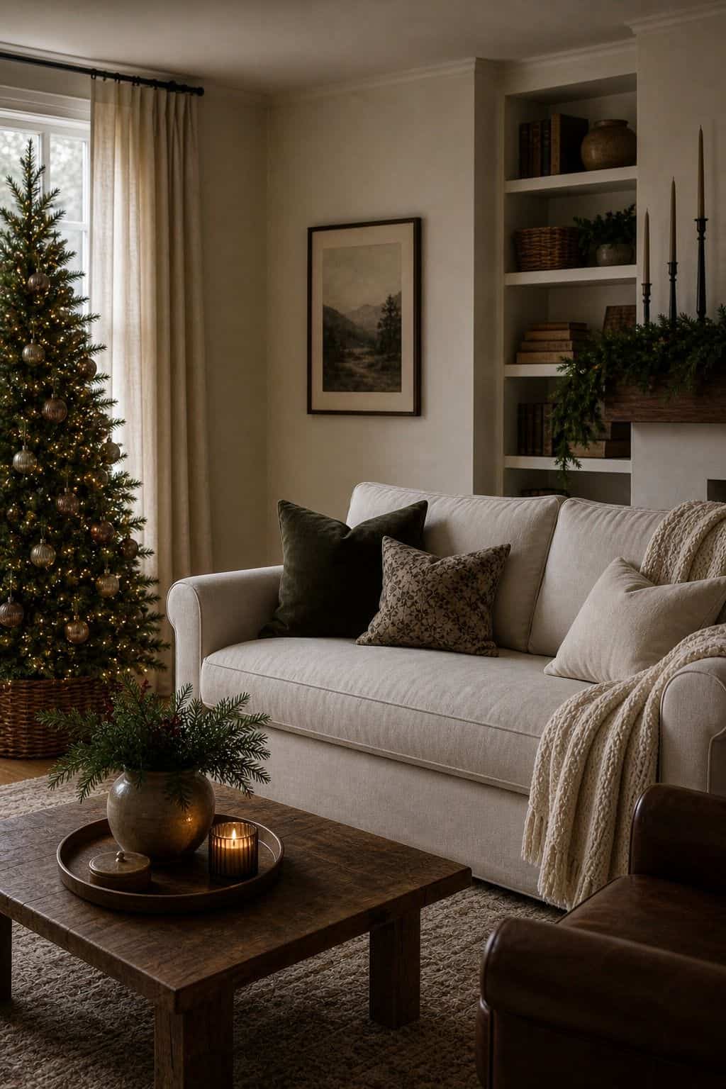 Christmas living room decor showing no sofa overload.