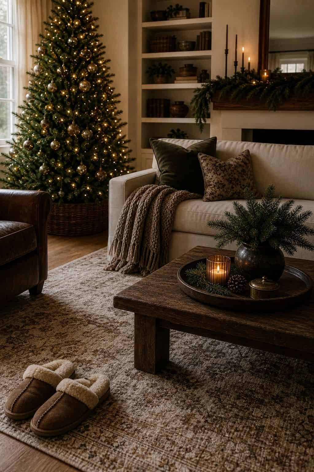 Christmas living room decor showing soft rug underfoot.