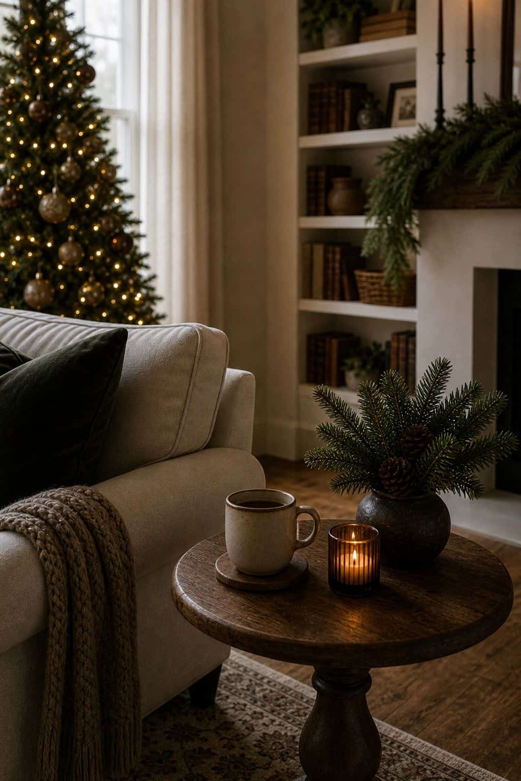 Christmas living room decor showing side table drink space.