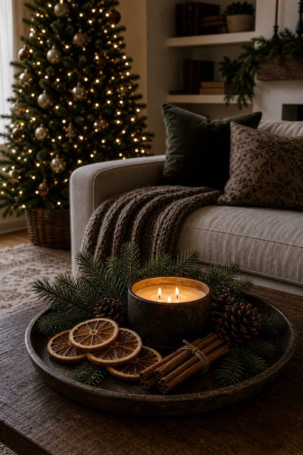 Christmas living room decor showing christmas scent layer.