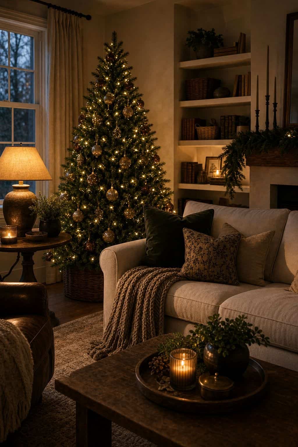 Christmas living room decor showing evening lamp check.