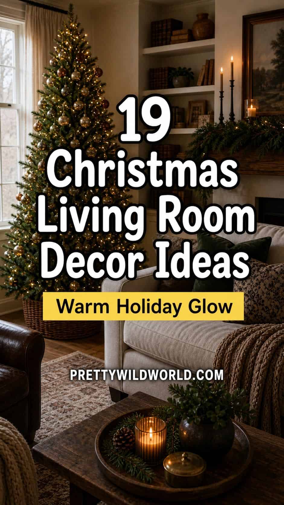 Pinterest pin for Christmas living room decor ideas with a cozy holiday living room.